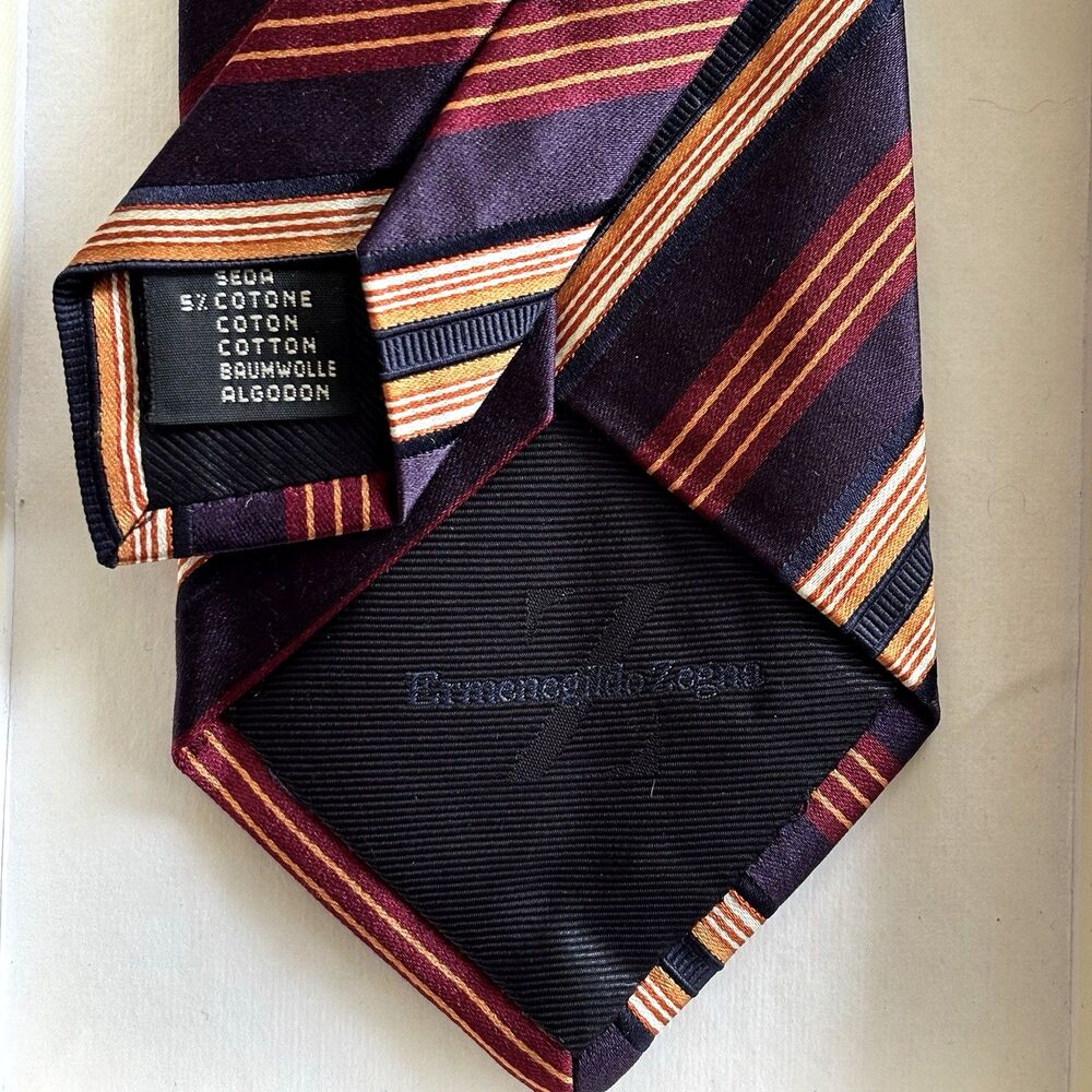 ERMENEGILDO ZEGNA 95% Silk/Cotton Tie/Necktie Italy Striped VTG Purple/Red NWT - Picture 7 of 14